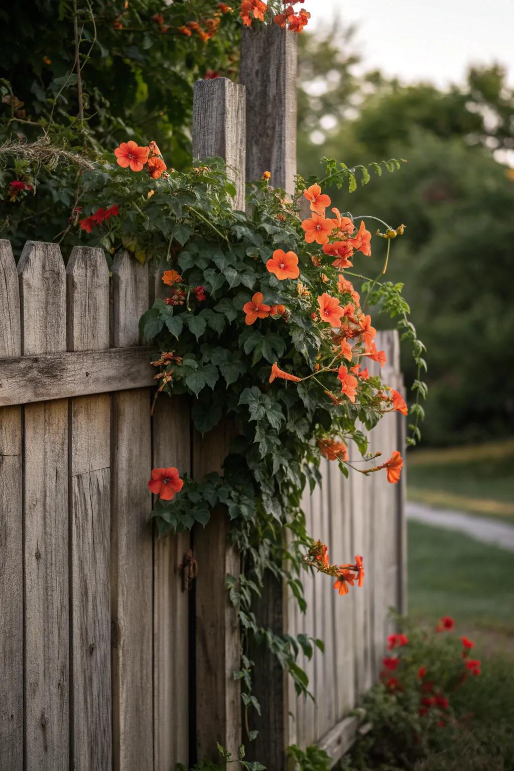 Embrace natural beauty with a rustic fence adorned with vibrant trumpet vines.