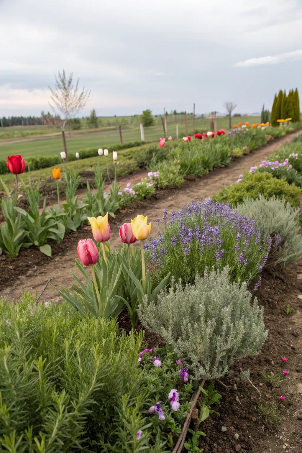 A mixed planting bed featuring tulips alongside fragrant herbs.