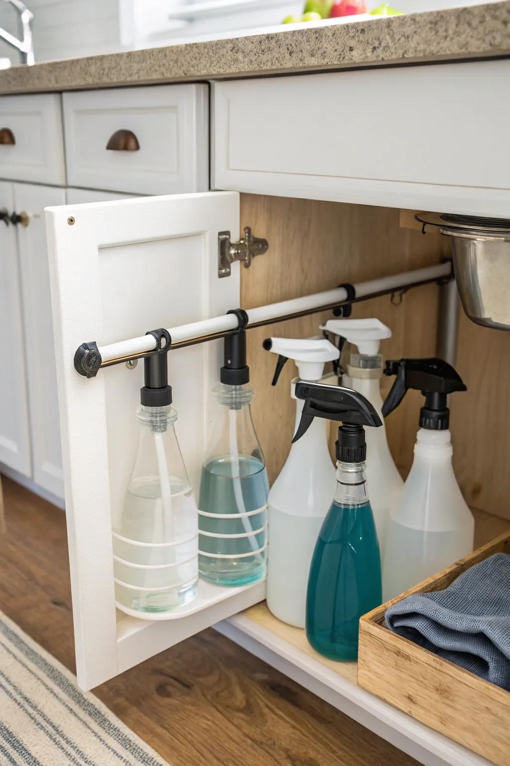 Tension rods offer a smart solution for hanging spray bottles.