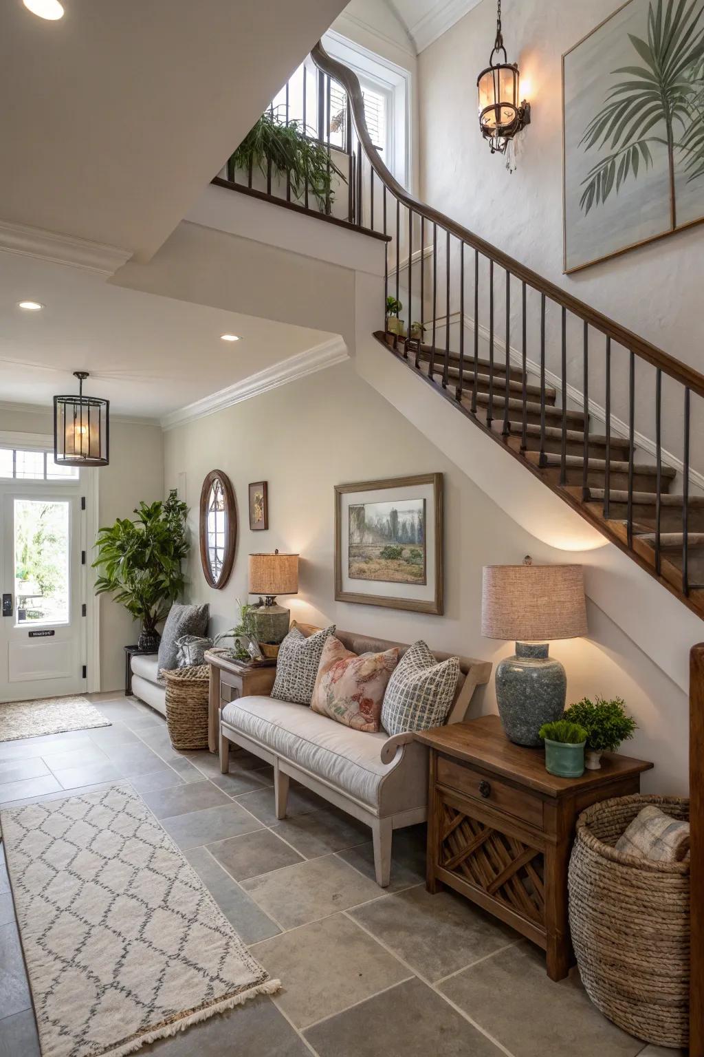 A seamless hallway extension utilizing the space under the stairs.