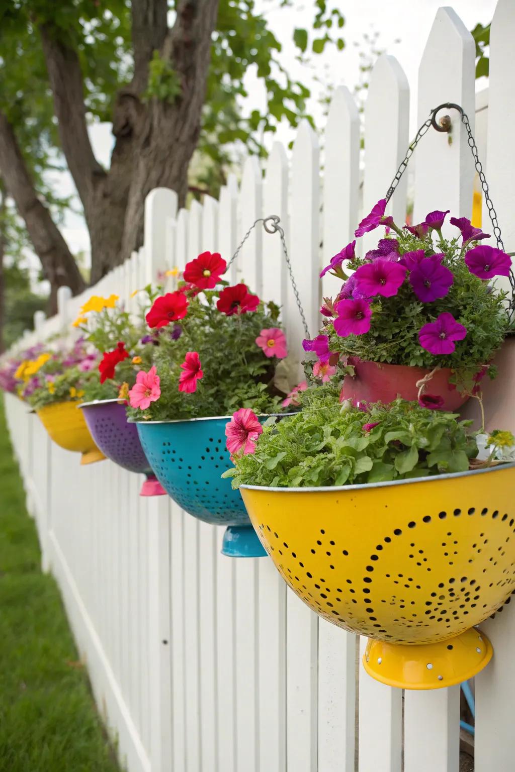 Brighten your garden with colorful colander hanging planters.