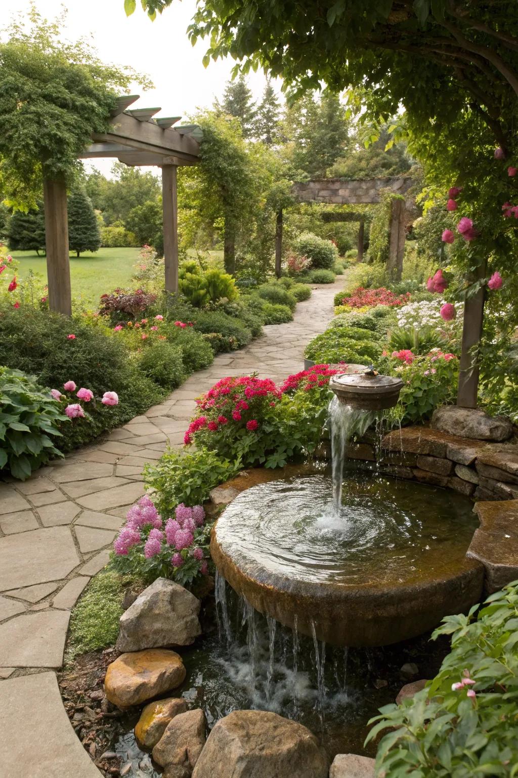 Dense plant life enriches the inherent sensation of water features.