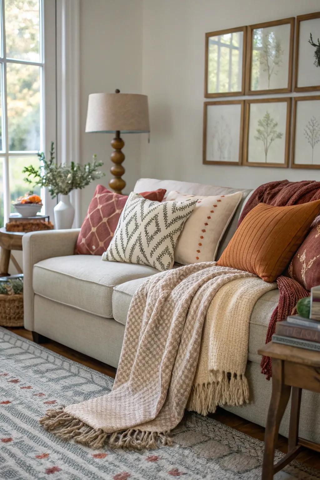 Layered soft furnishings create a cozy and inviting seating area.
