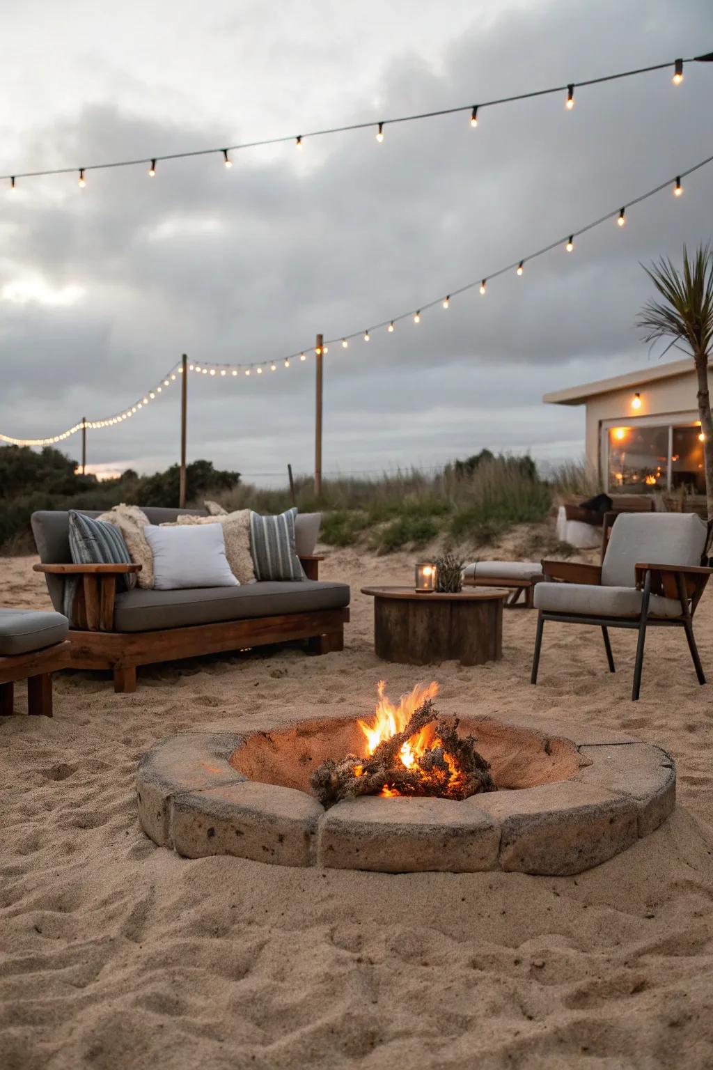 A cozy sand firepit area for memorable outdoor evenings.