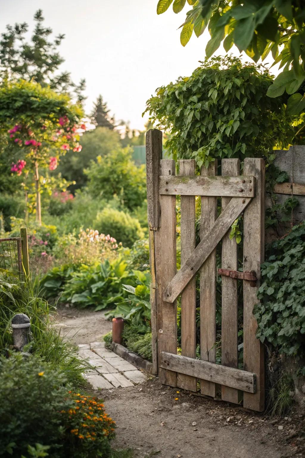 A sustainable gate skillfully fashioned from reclaimed wood planks.