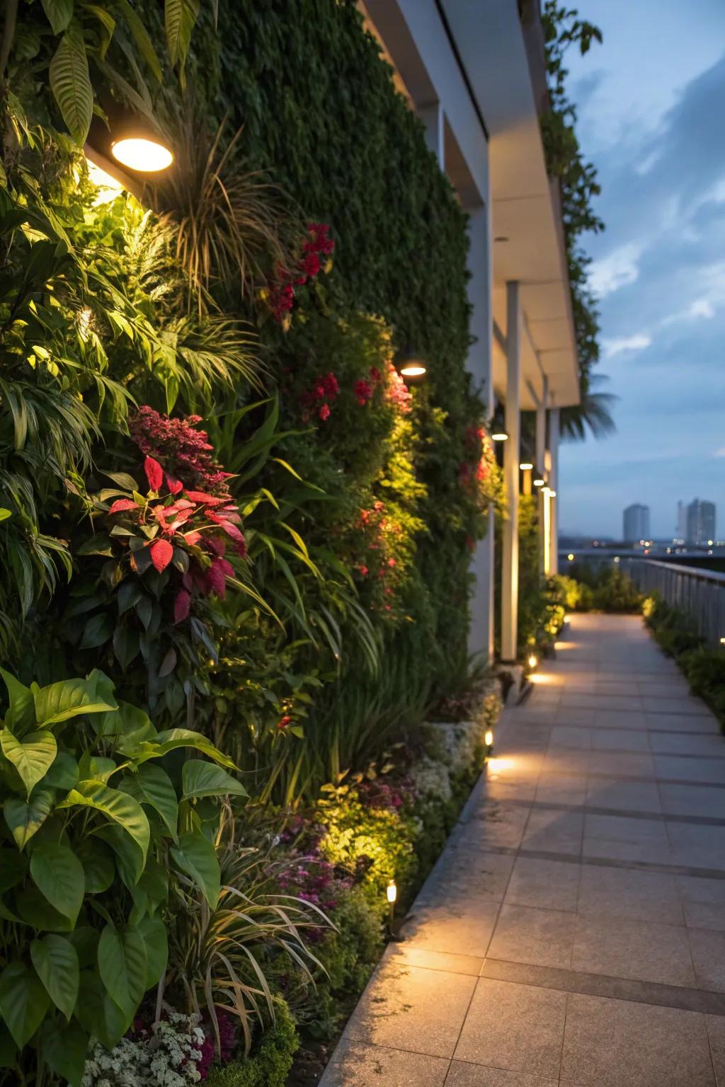 Soft lighting establishes a serene evening ambiance in a vertical garden.