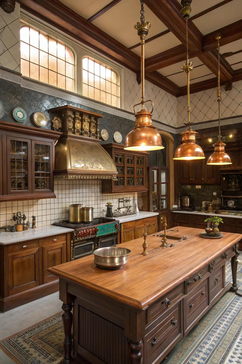 Brass and copper touches enhance the genuineness of a Victorian kitchen.