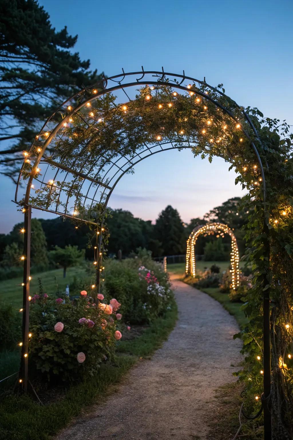 Twinkling lights impart an ethereal touch to arches, ideally suited for evening garden ambles.