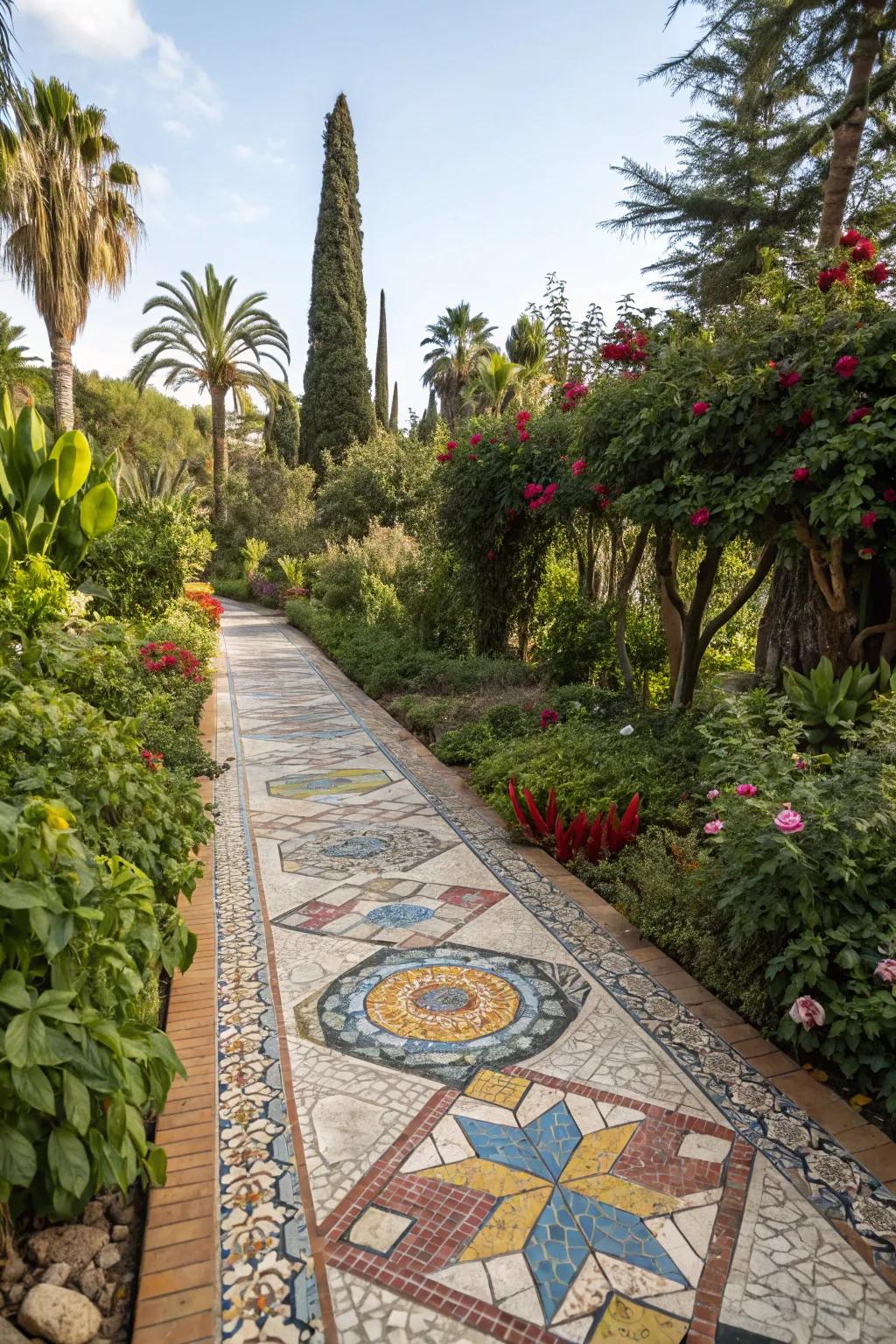 Mosaic compositions inject artistic garnish and hue into your garden trail.