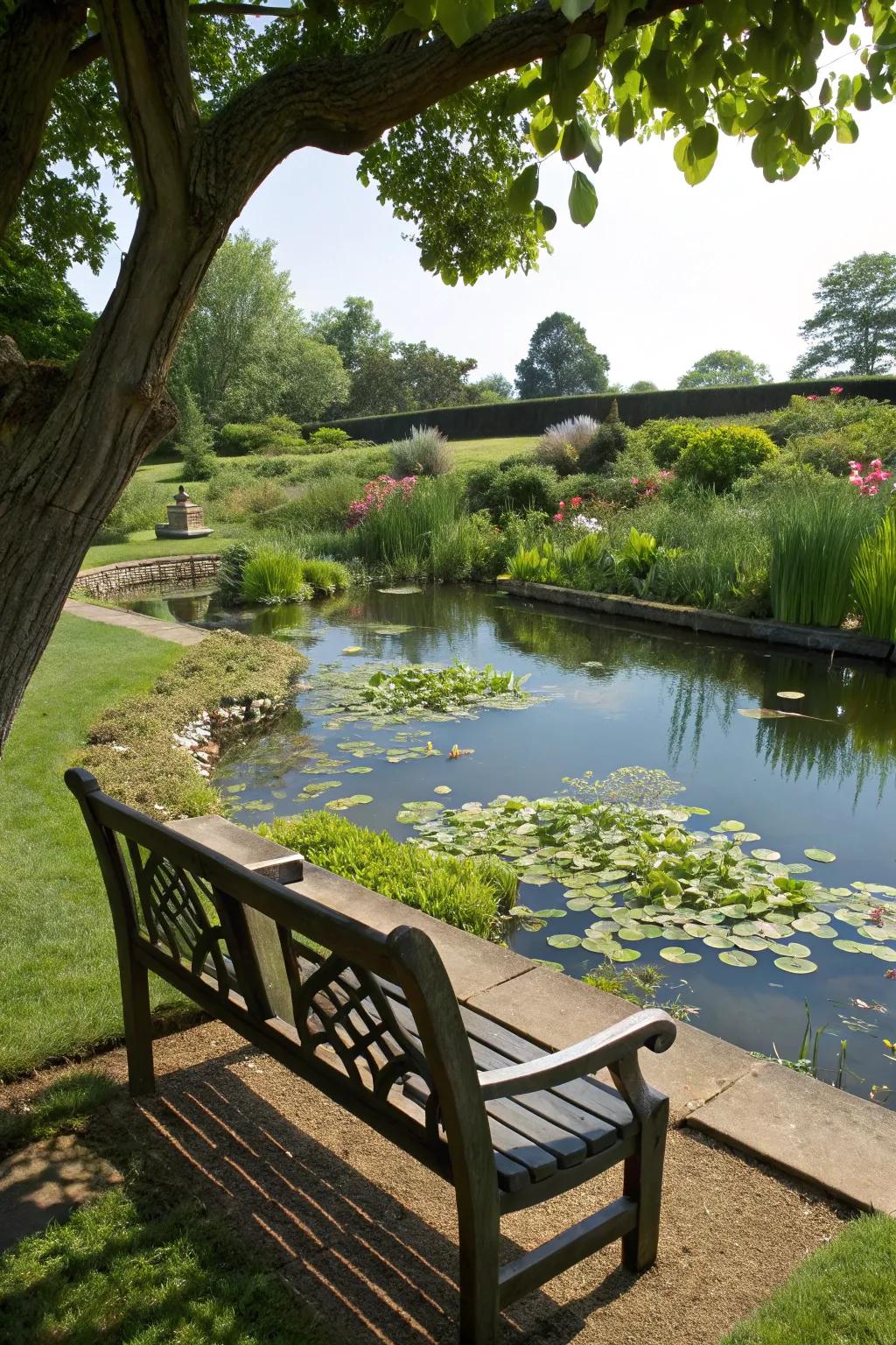A bench by the pond provides a perfect relaxing spot.