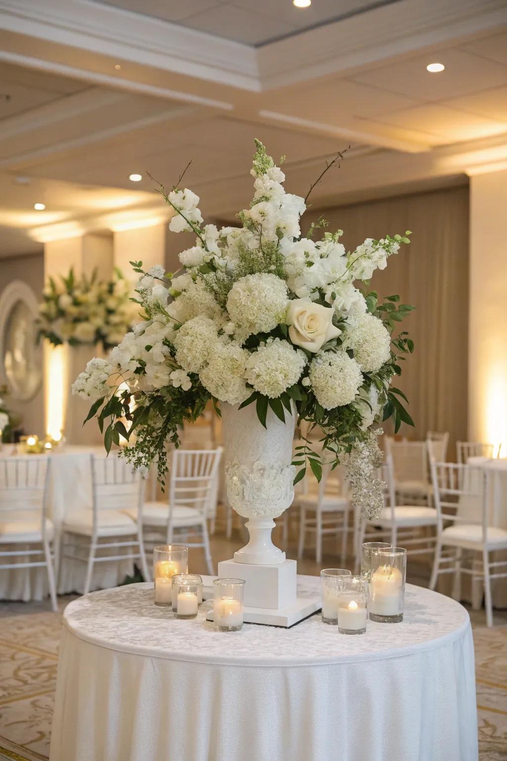 An elegant all-white floral motif, offering a classic and sophisticated flourish to the wedding's aesthetic.