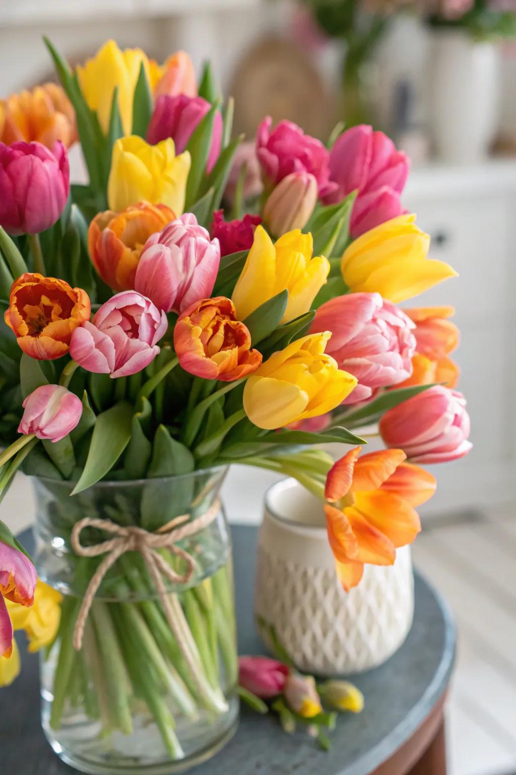 A fresh tulip arrangement in energetic spring shades.