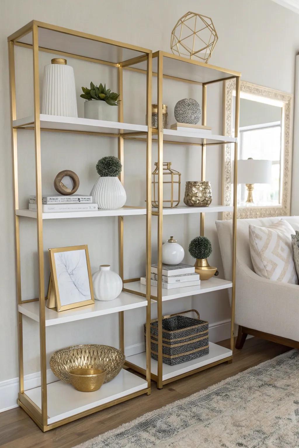 Minimalist shelving in gold and white keeps the space organized and stylish.