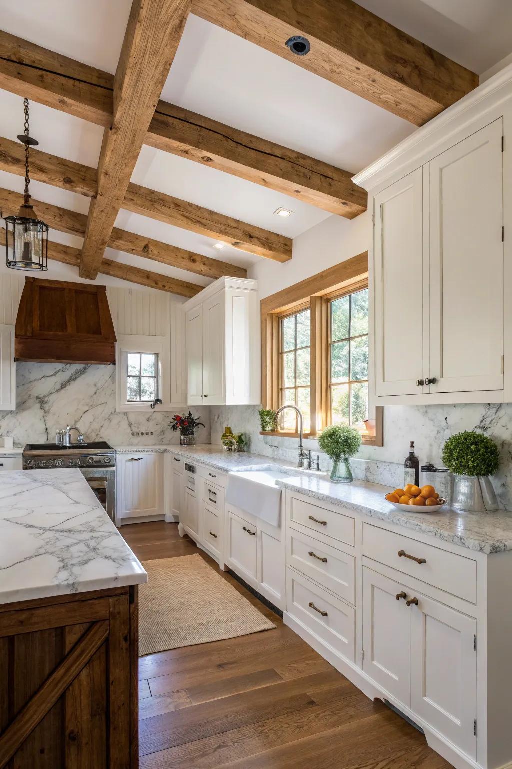 Visible supports add rustic charm to this airy kitchen.