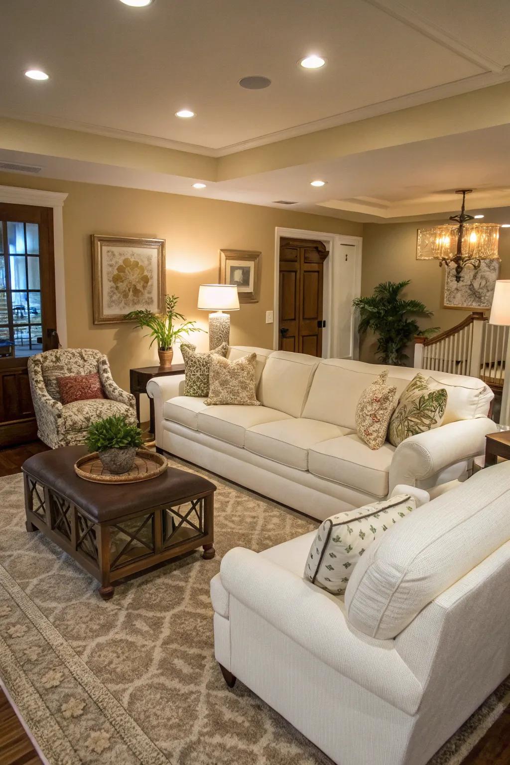 Supporting furnishings enhance the functionality of a living room featuring a white sectional.