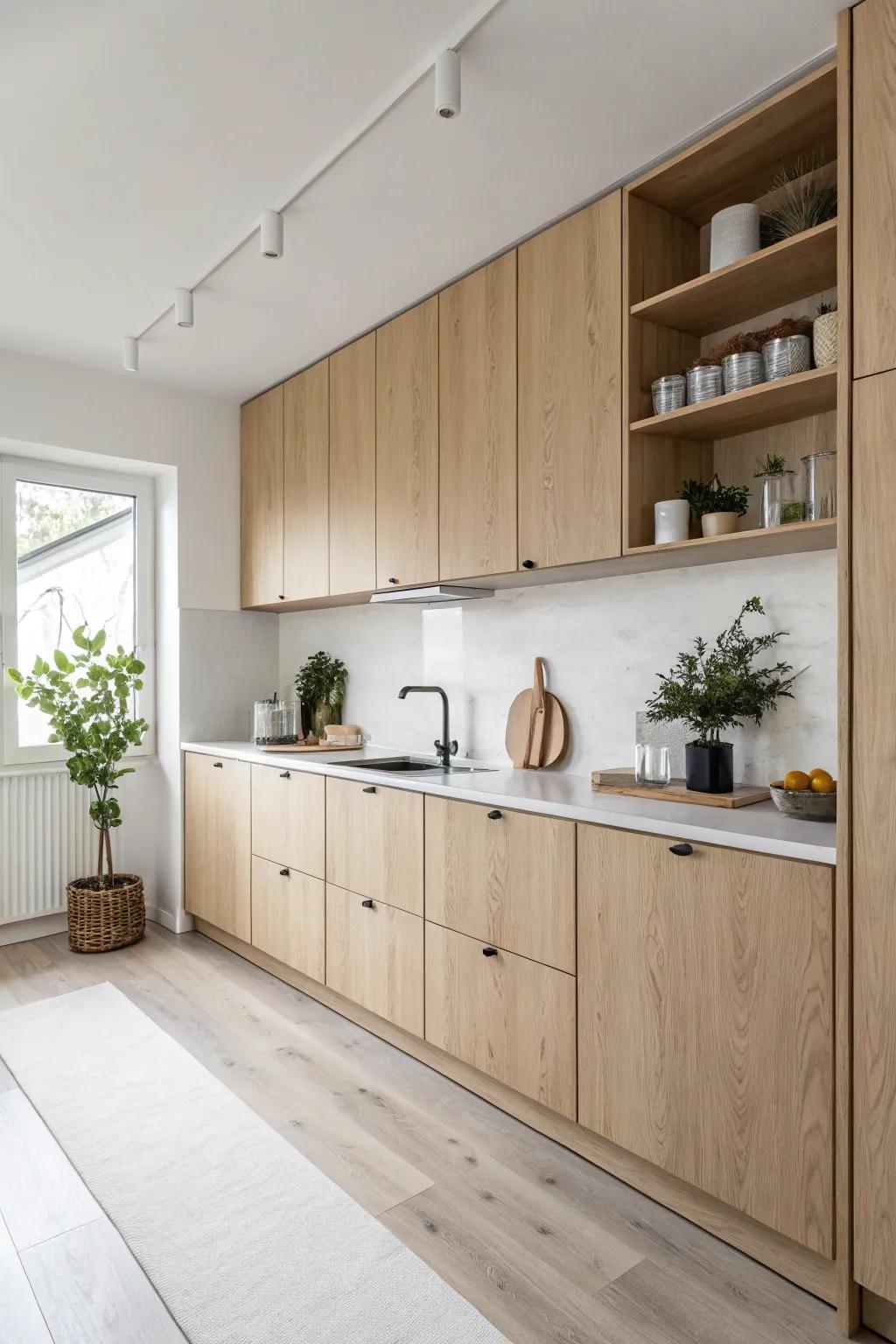 Blonde wood cabinets embody Scandinavian simplicity and warmth.