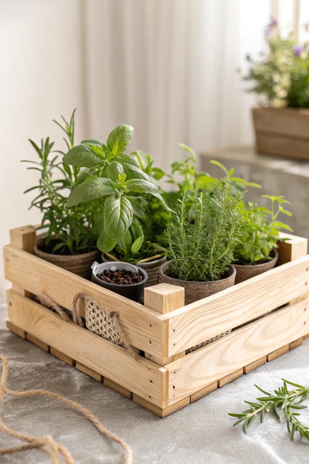 Transform your space with a charming wooden crate herb garden—where simplicity meets natural beauty.