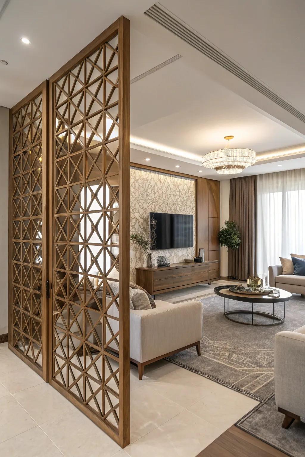 Geometric patterns on wooden partitions bring a bold and artistic touch to the space.