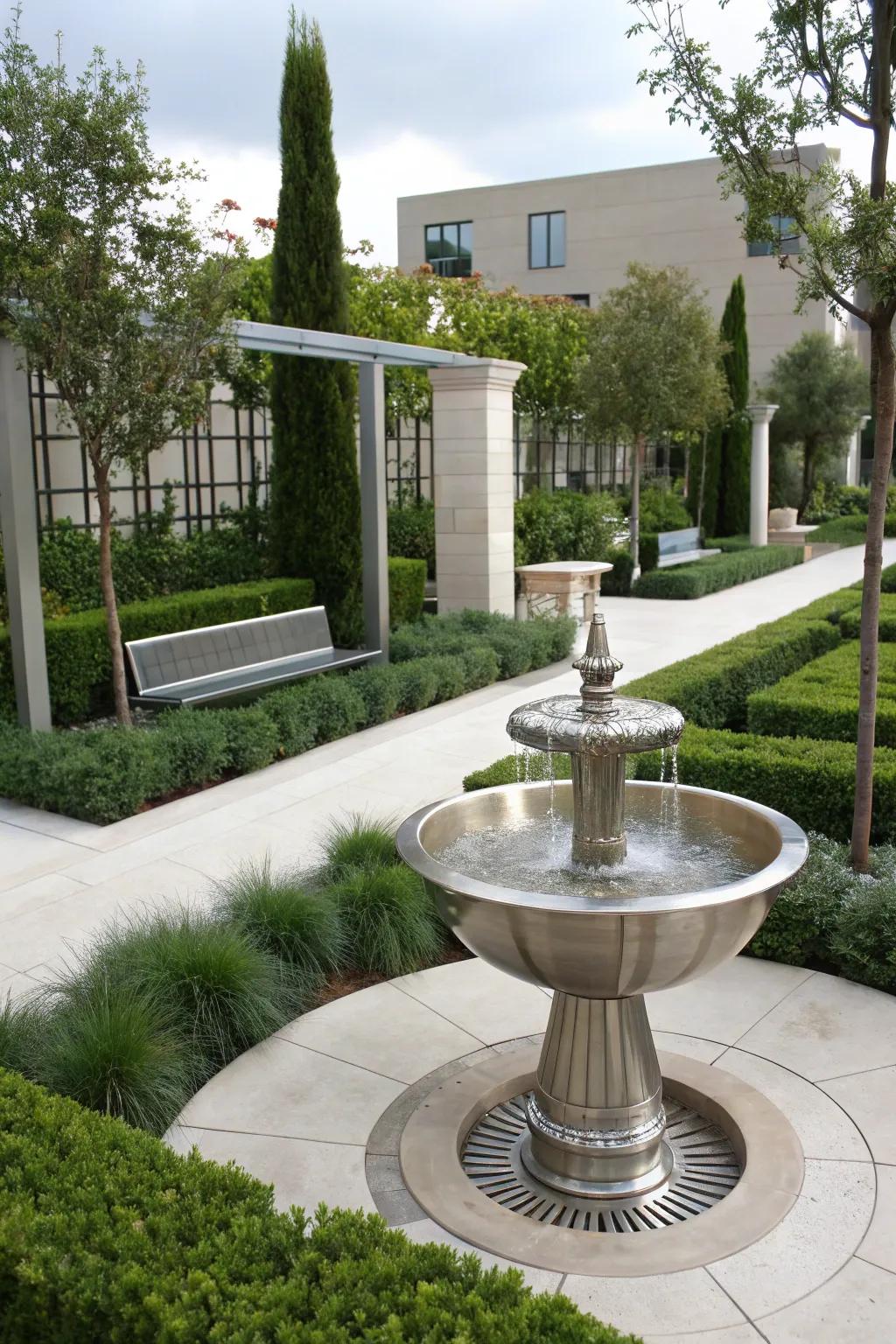 A shiny metallic fountain providing a modern touch to the garden.