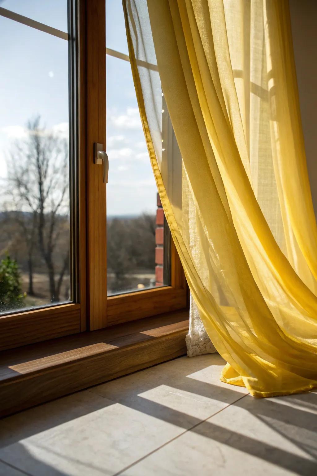 Yellow curtains emphasize the scene and brighten the cooking area using natural light.