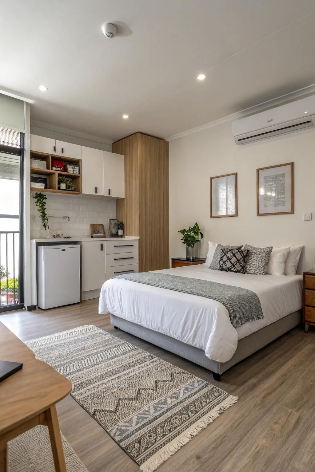 A smaller bed can make your studio feel more spacious.