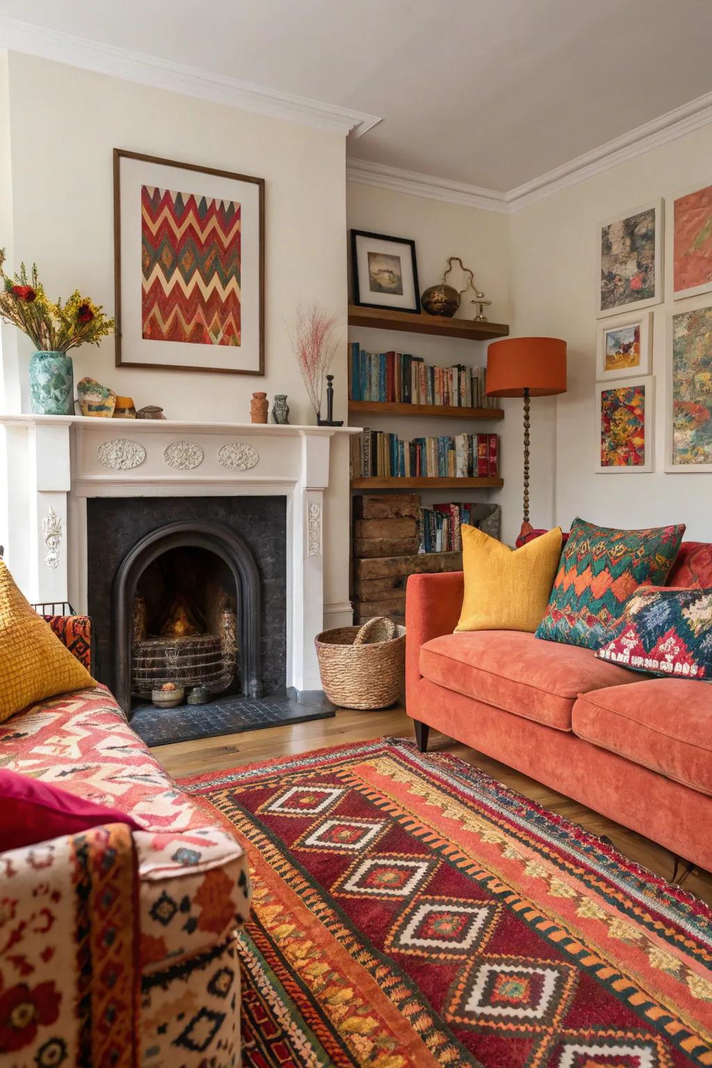 Vibrant colors make a bold impact above the fireplace.