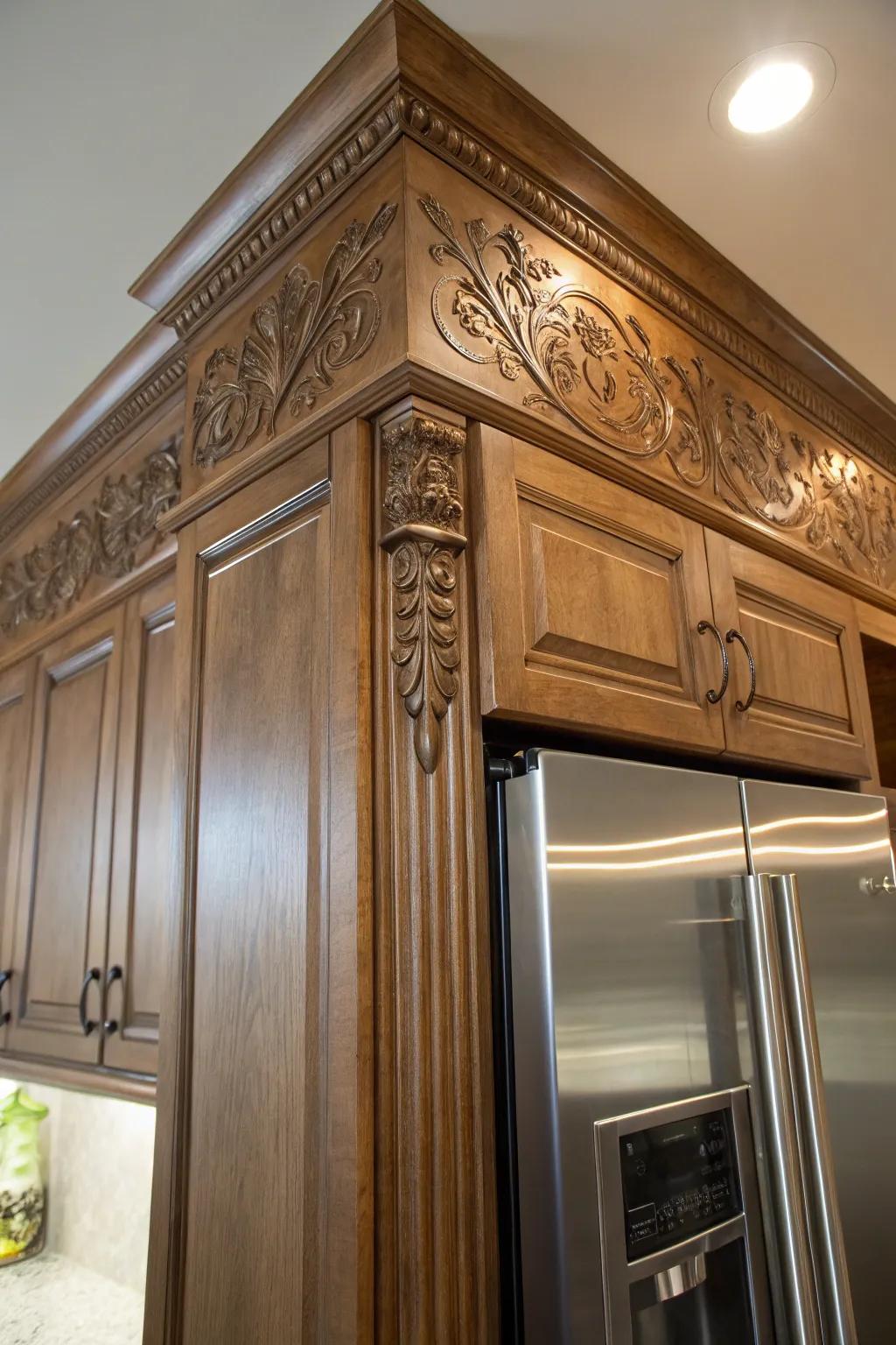 Decorative touches add elegance and style to kitchen cabinets.