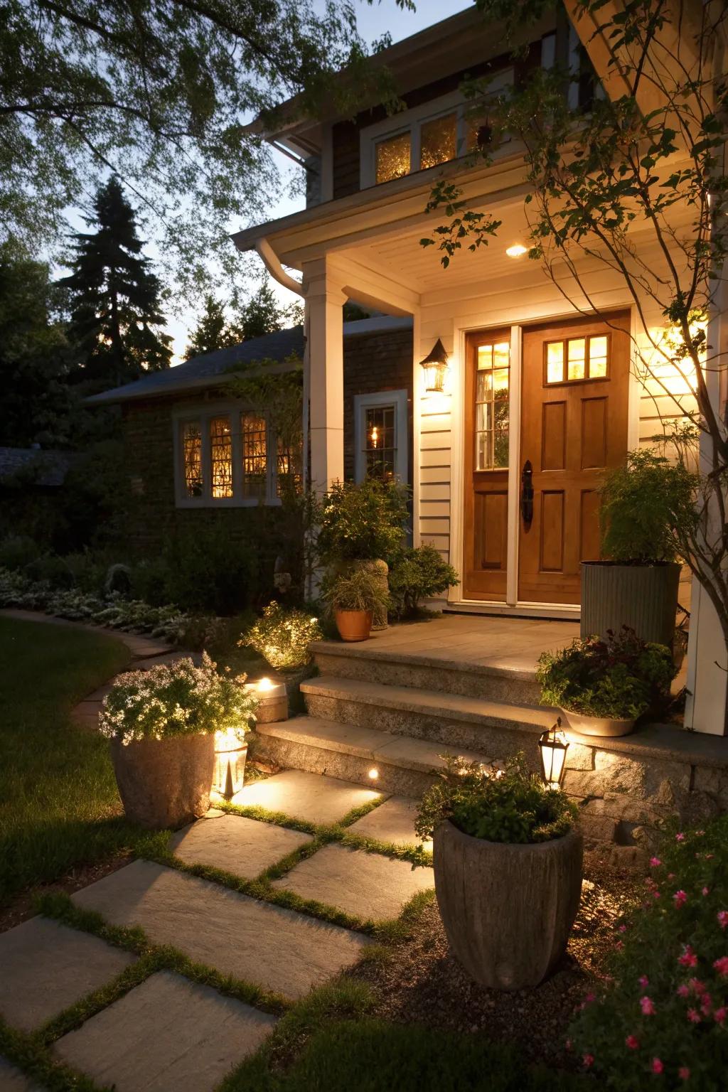An inviting entryway with a charming path to the porch.