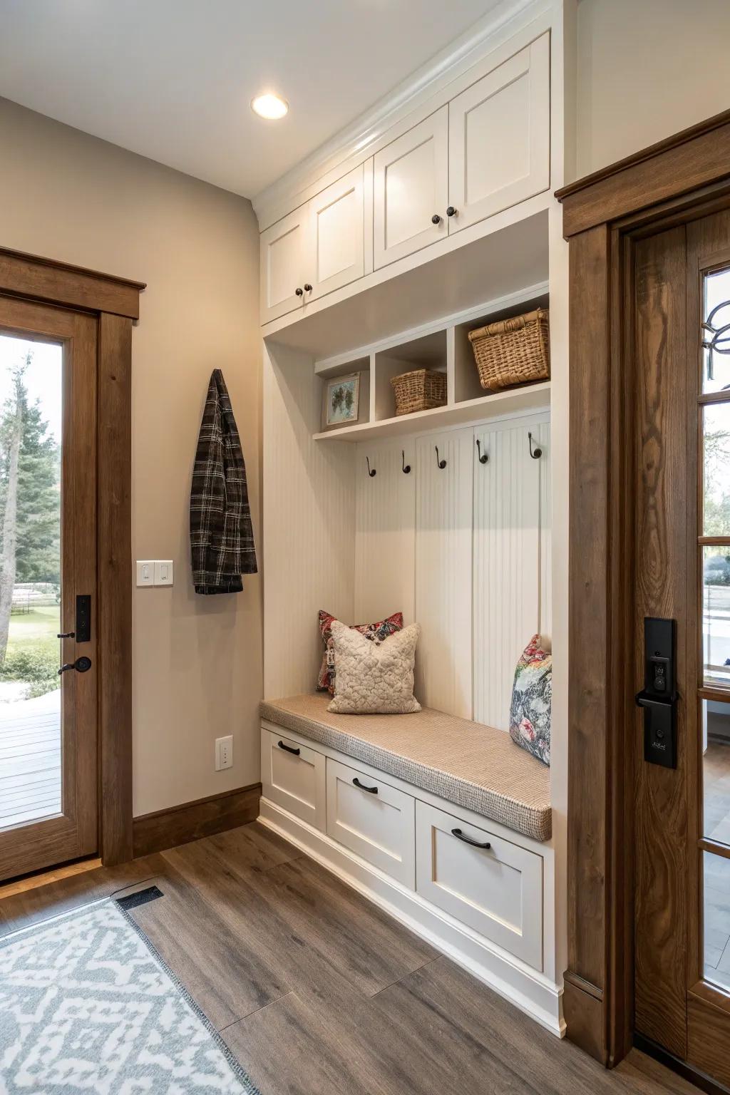 A utilitarian plank enhances seating and storage.