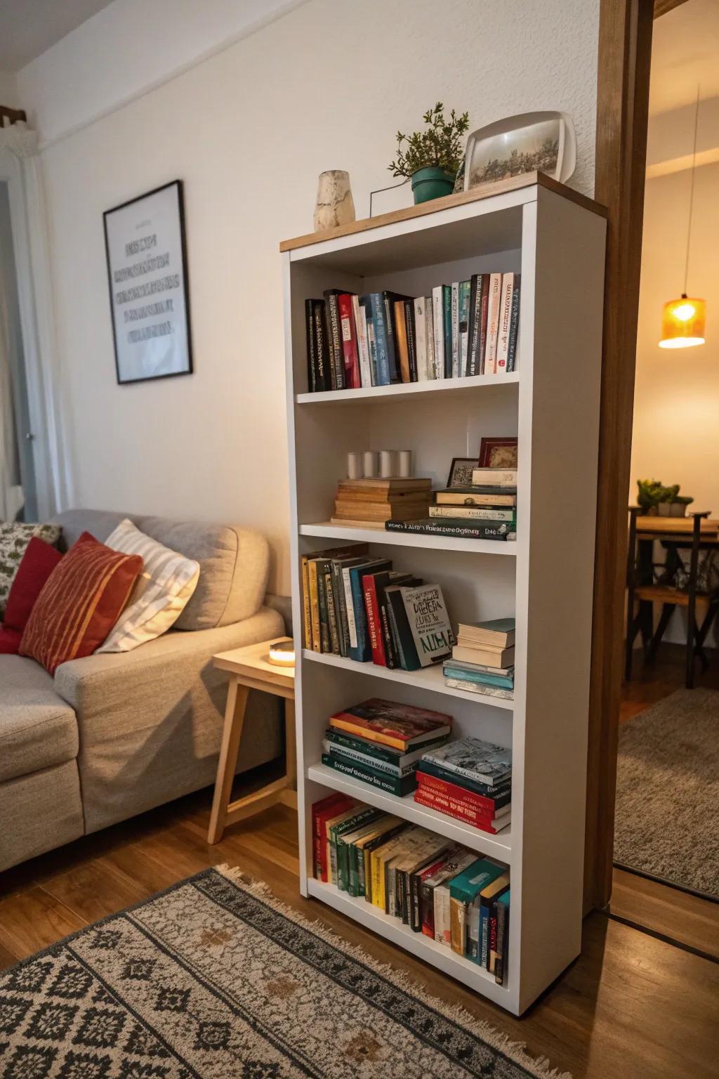 A compact bookshelf fits perfectly into a small nook, maximizing storage.
