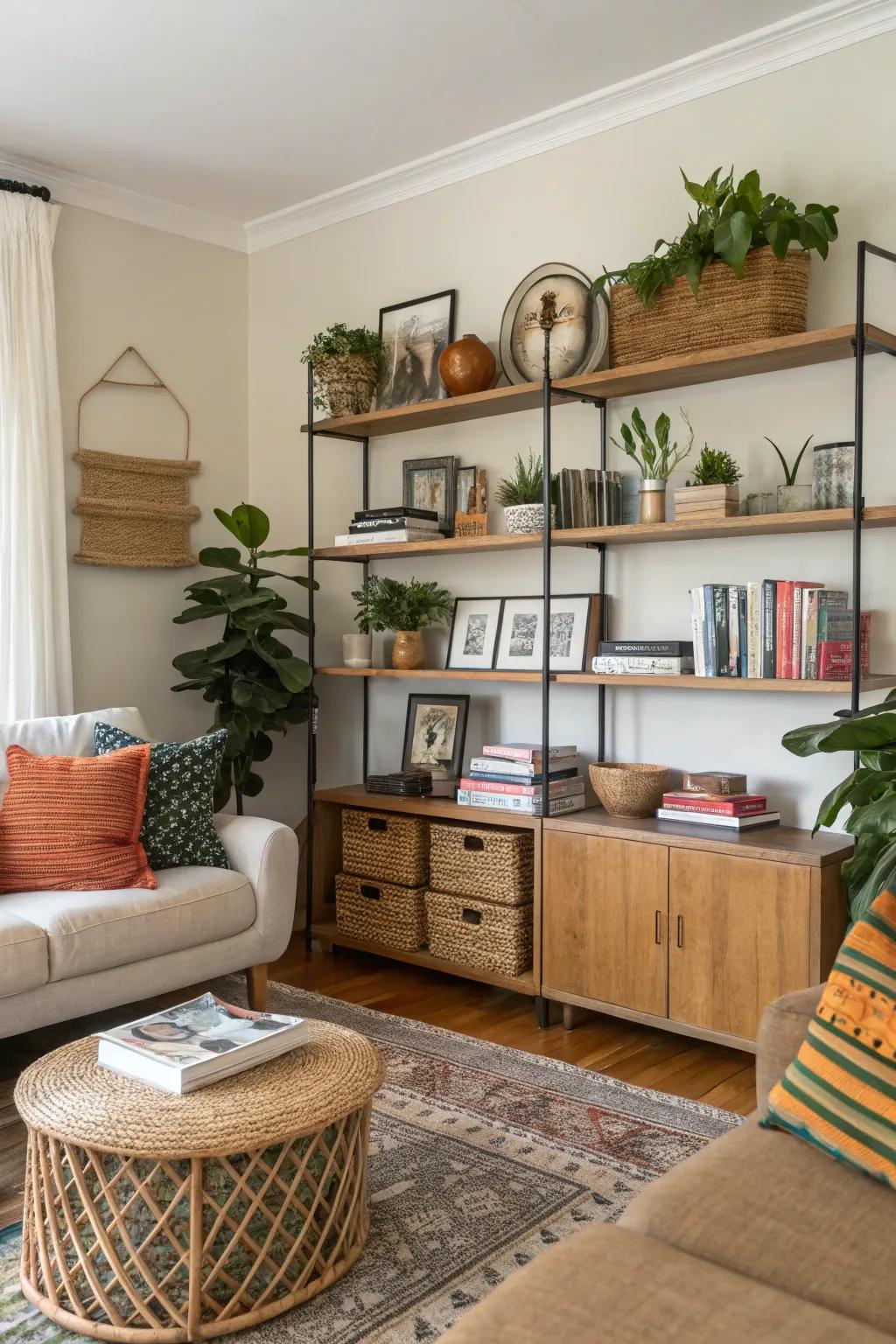Apartment-safe shelves provide stylish storage and display options.