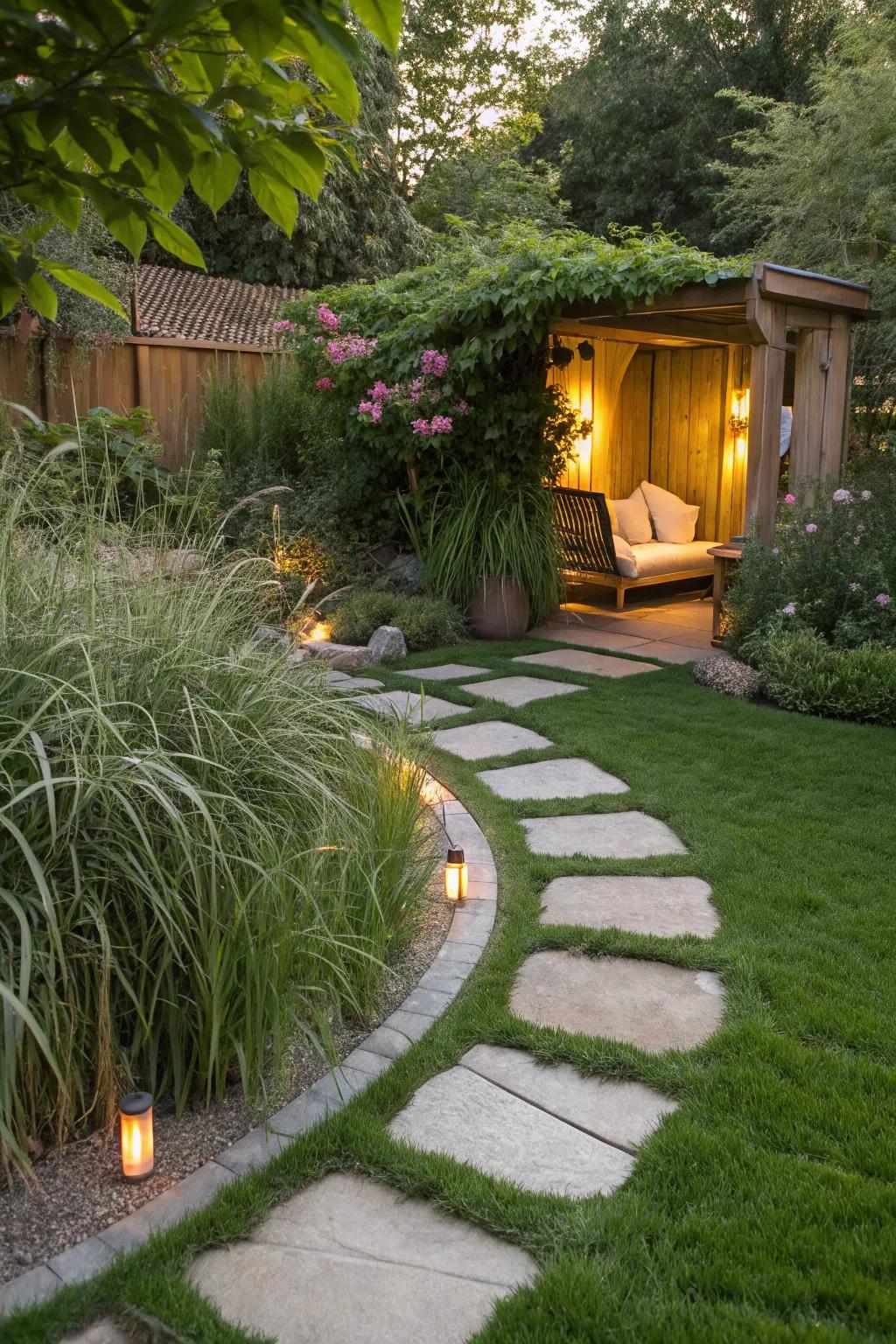 Discover your hidden oasis with a perfect blend of artificial grass and elegant pavers.