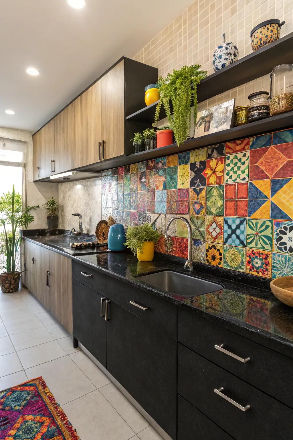 Composite tiles impart an artistic and animated panache to cooking areas.