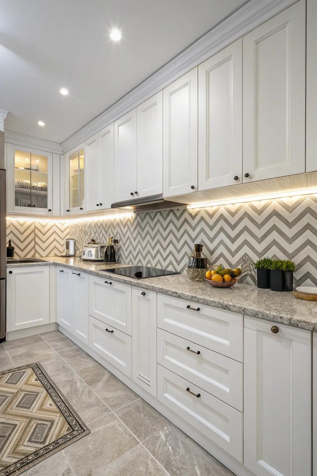 Diagonal line patterns bring a sophisticated flow to the kitchen design.