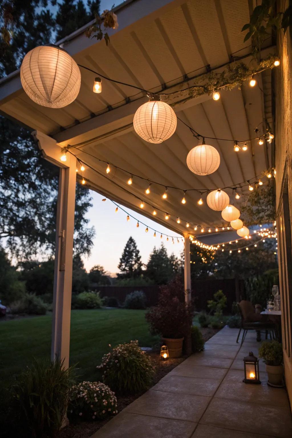 Create enchanting evenings with twinkle lights and lanterns.