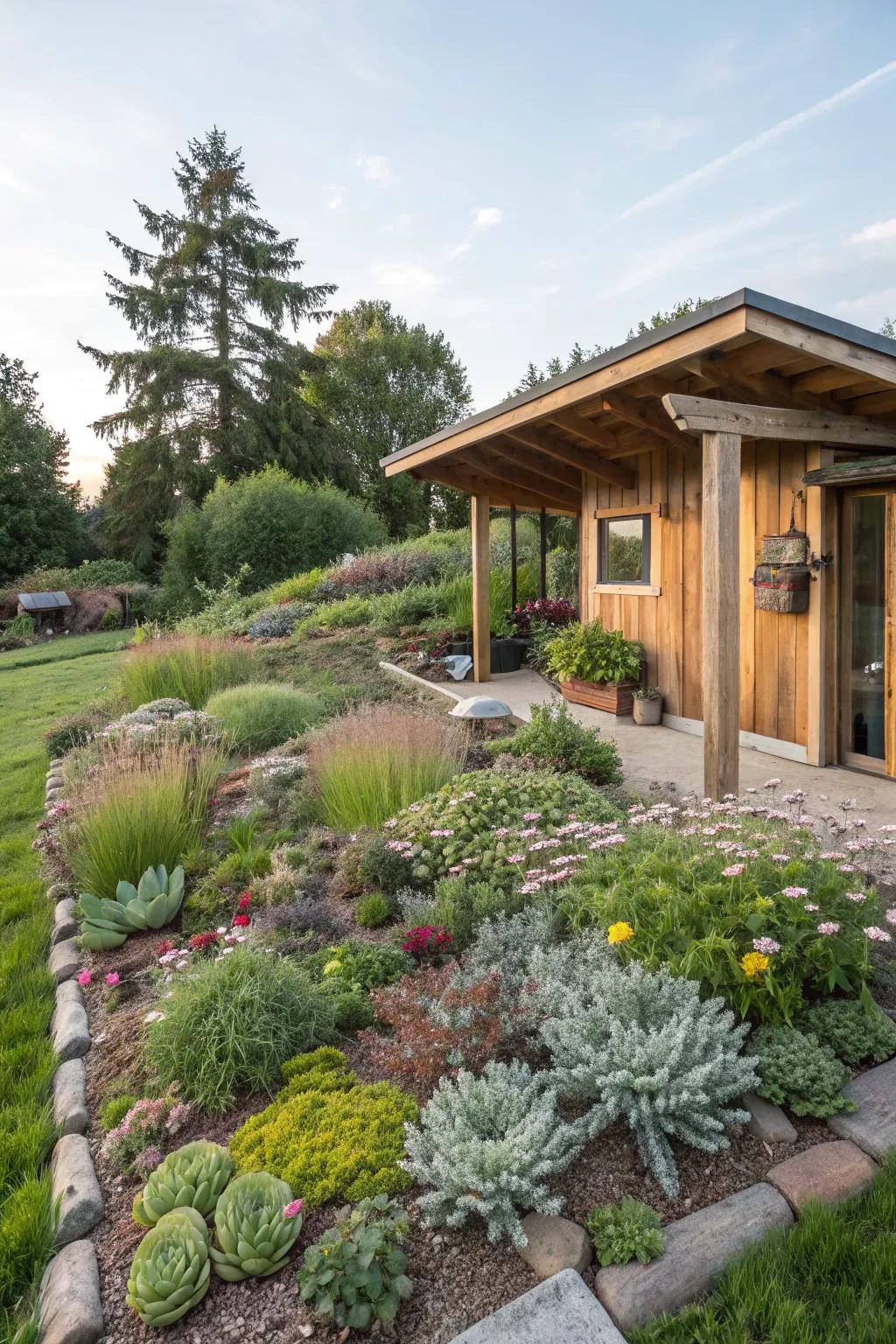 A roof garden adds greenery and charm.