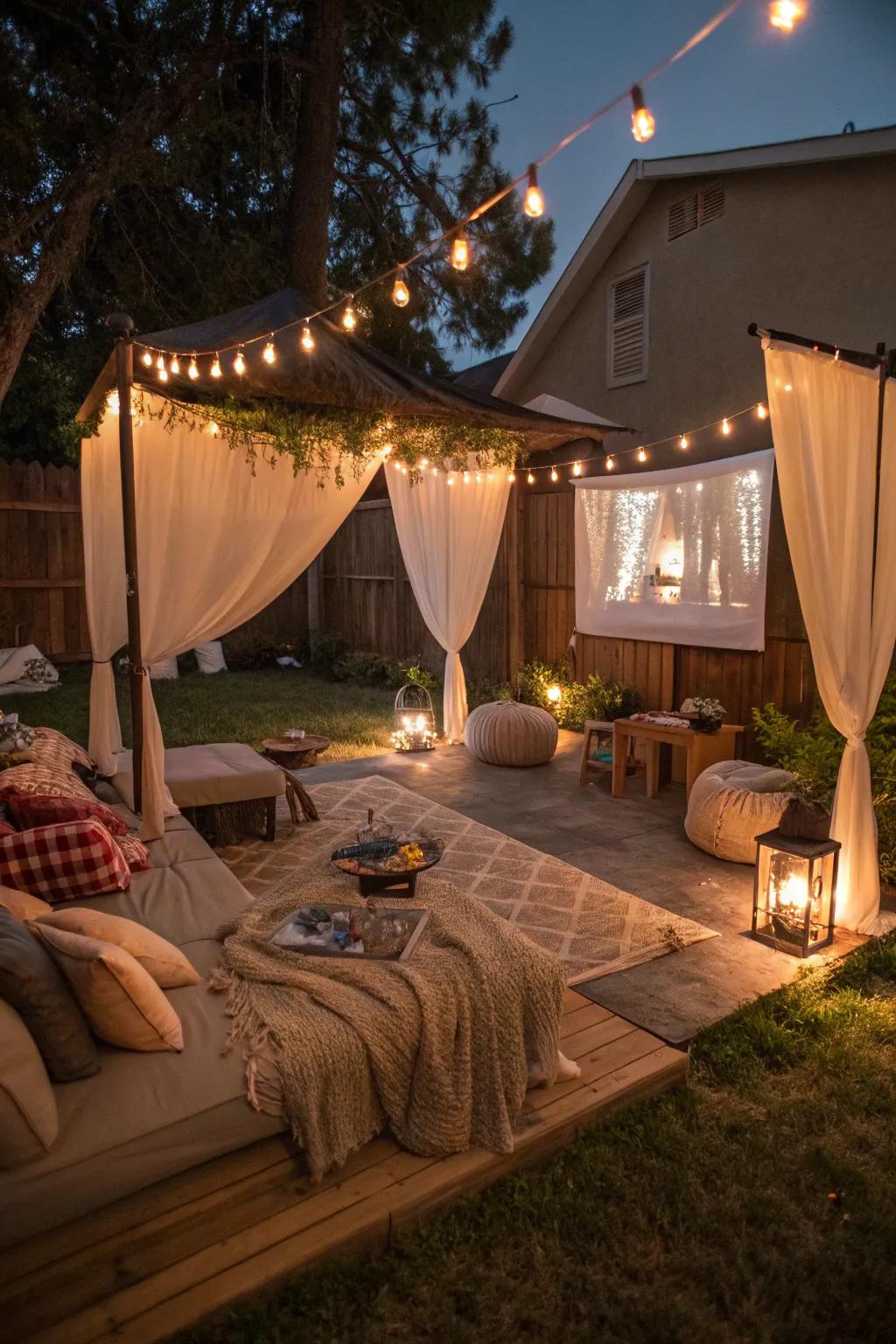 Tent canopies establish an intimate and refined movie evening environment.