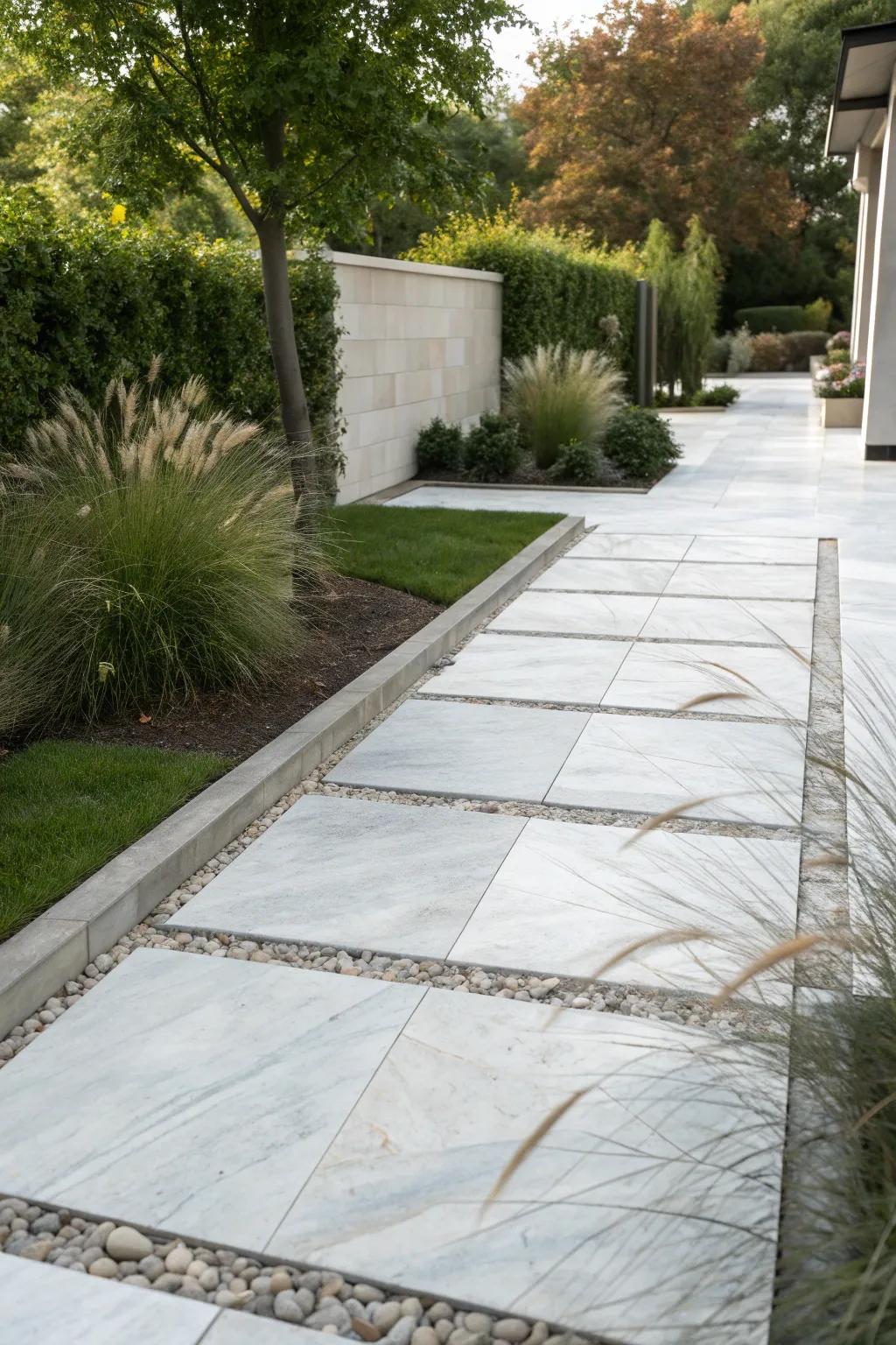 Step into luxury with a marble walkway that blends elegance with natural beauty.
