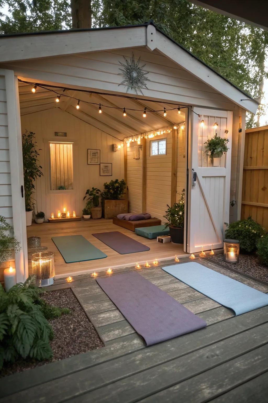 A tranquil yoga studio set in a backyard shed.
