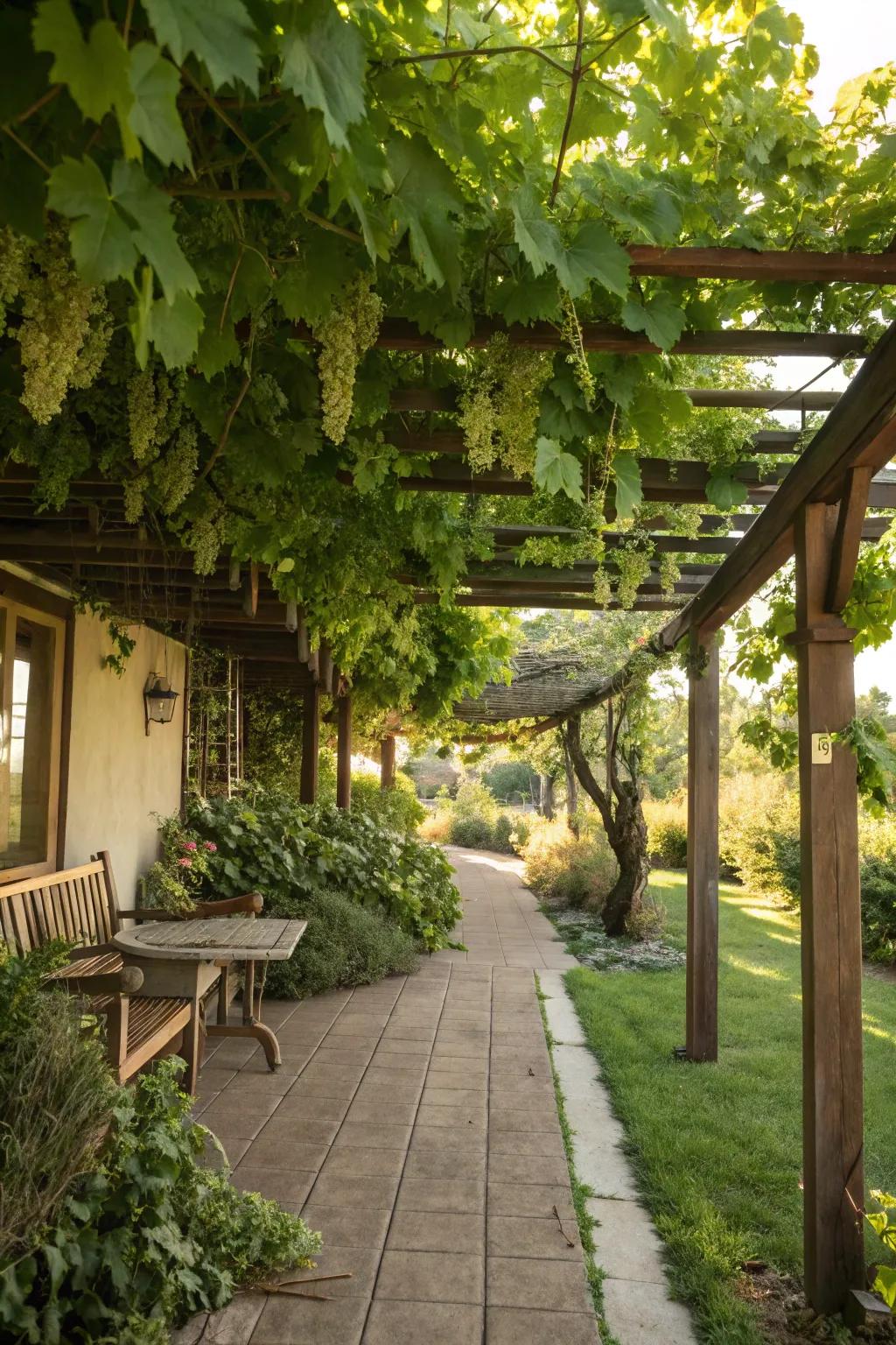 An arbor decorated with suspended vines creates a dreamy escape.