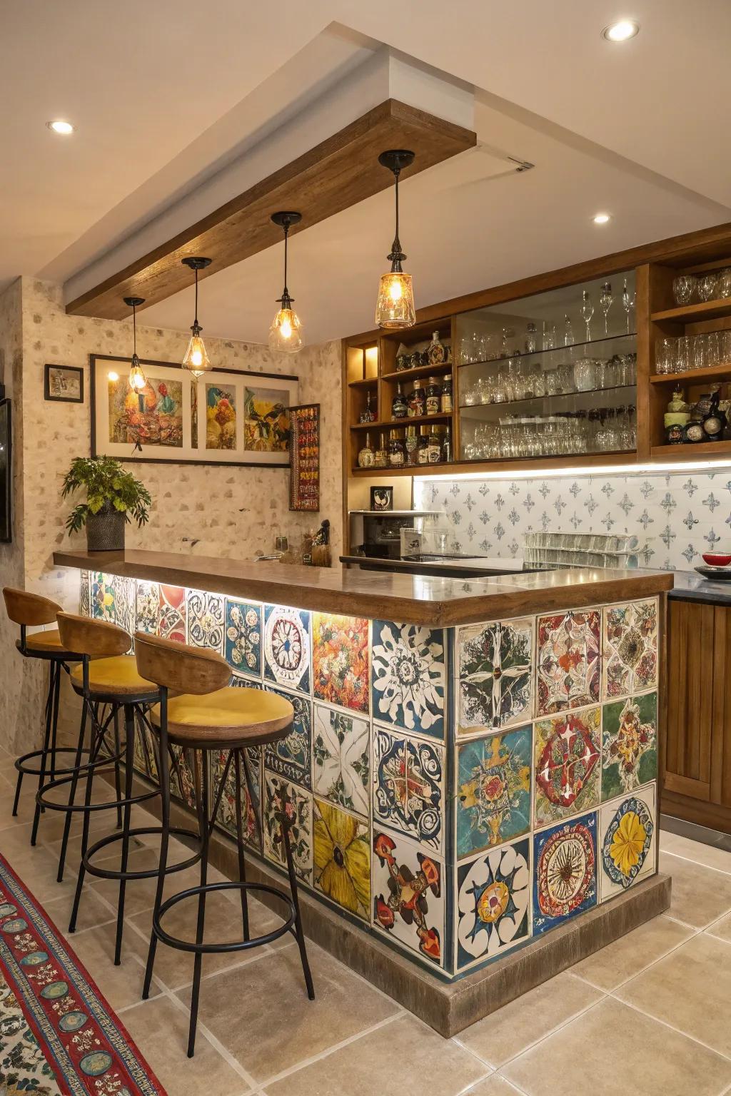 A home bar with a varied mix of tile designs and hues.
