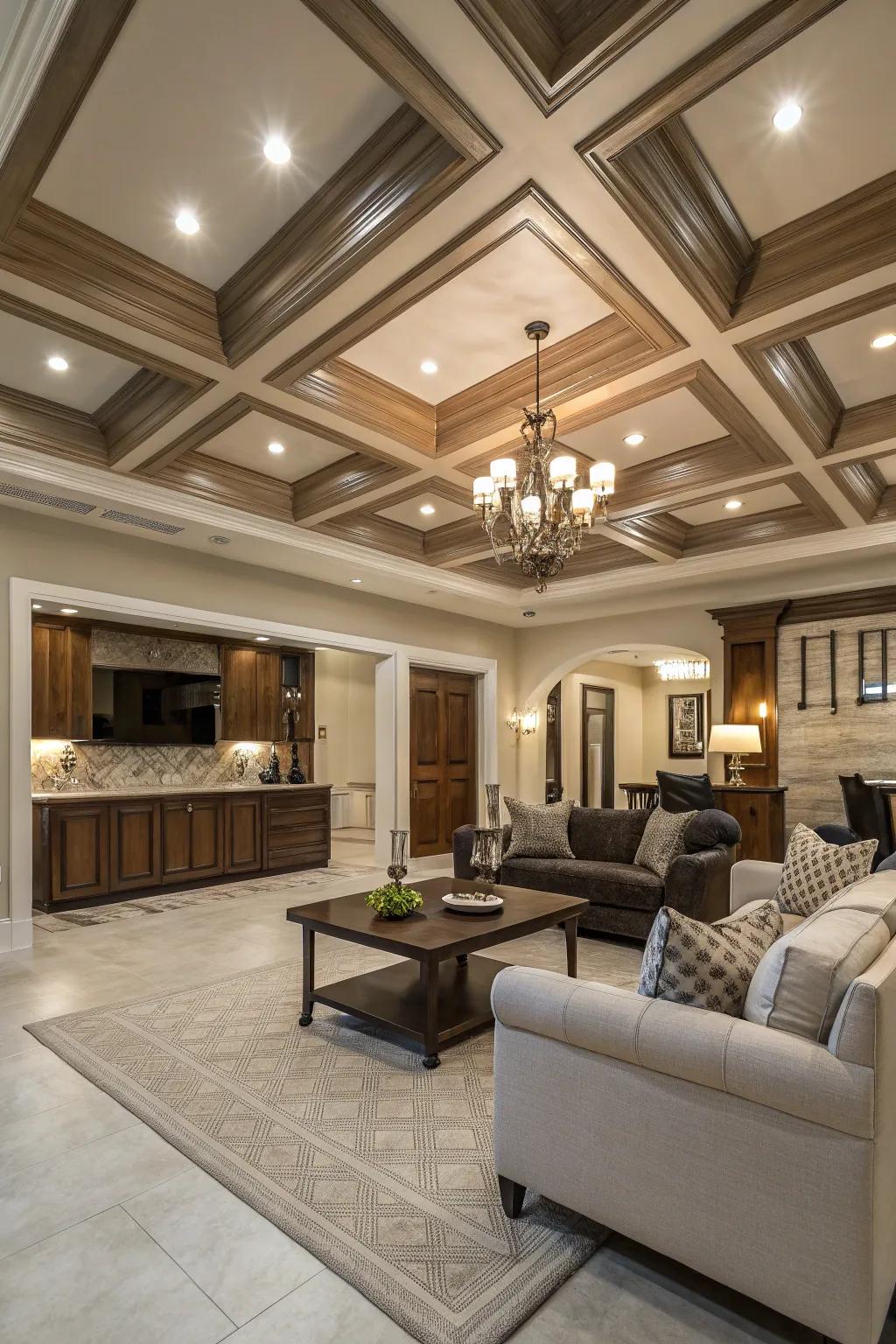 Coffered ceilings bring architectural sophistication and depth.