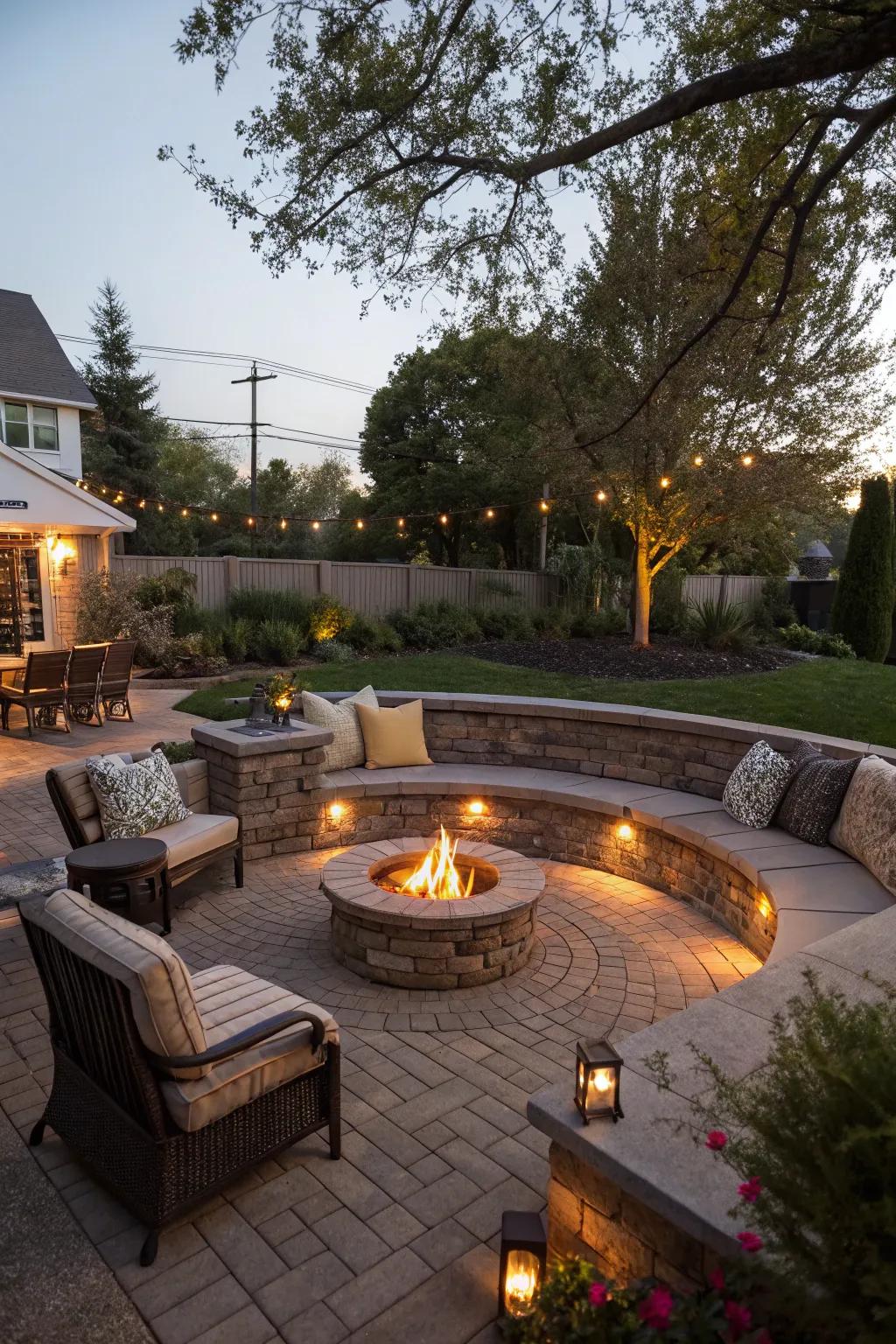 A welcoming fire pit with integrated seating for ultimate relaxation.