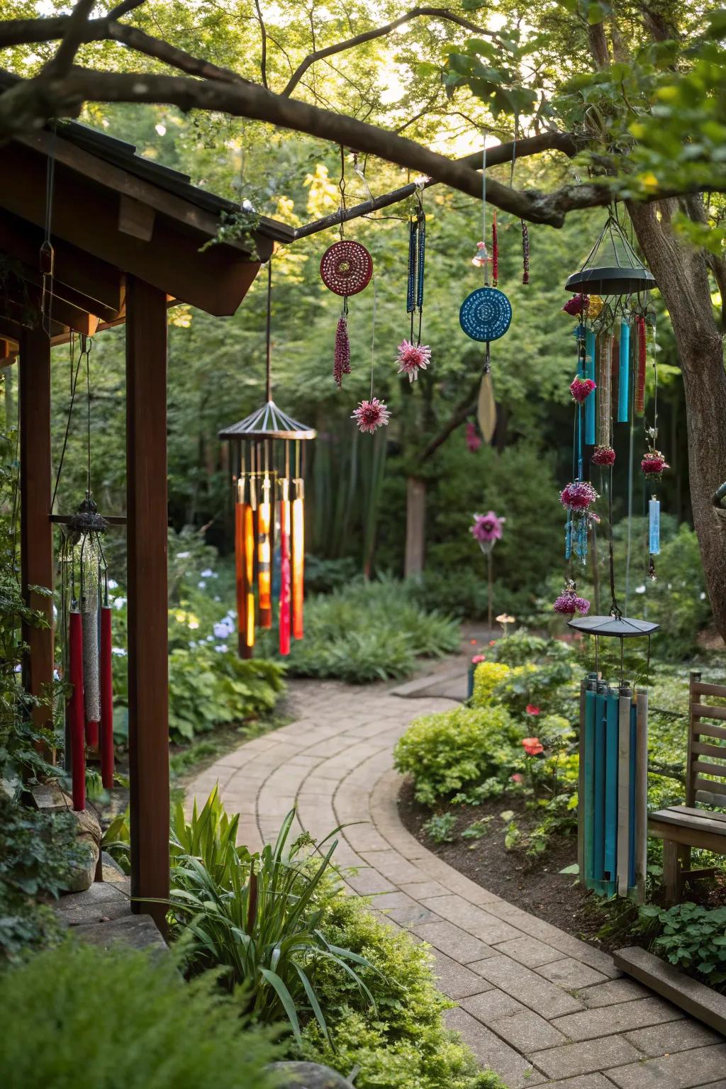 A garden enhanced with unique metal sculptures and melodious wind chimes.