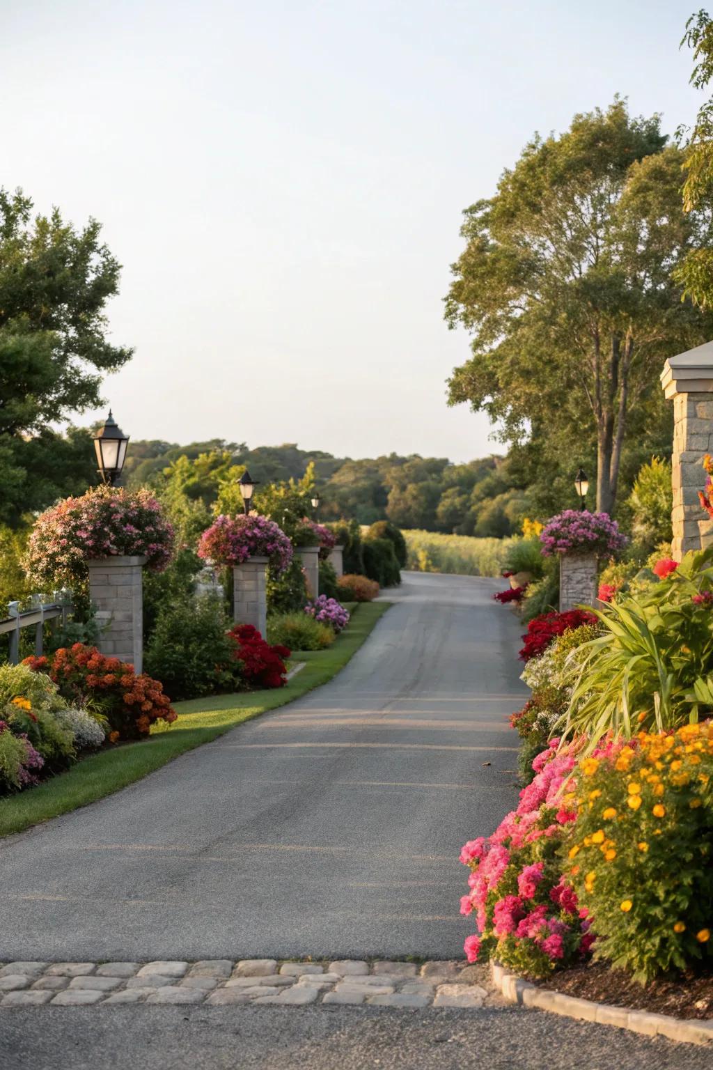A driveway beautifully accented with vibrant plant life for a natural ambiance.
