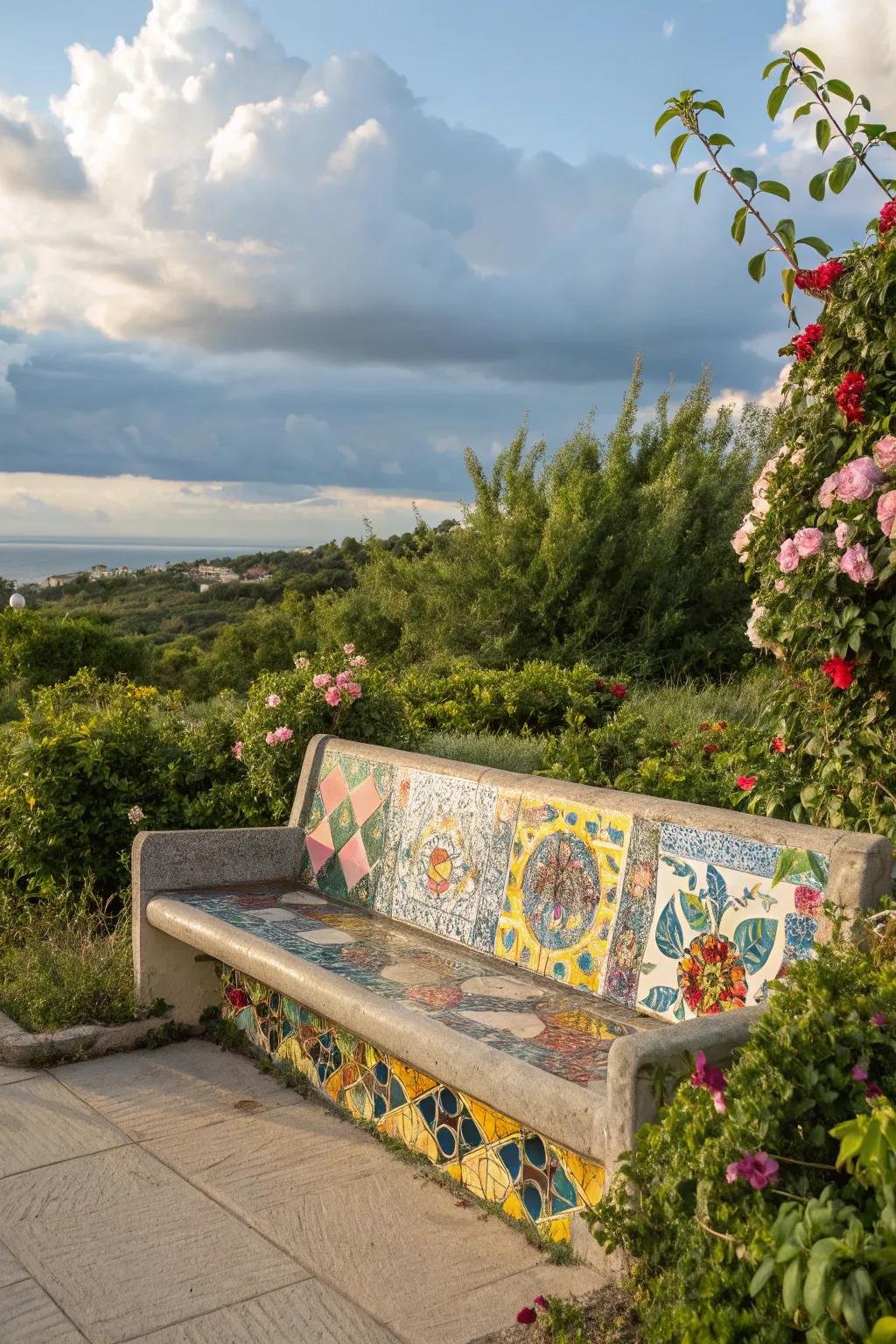 Mosaic tile benches transform seating into art.