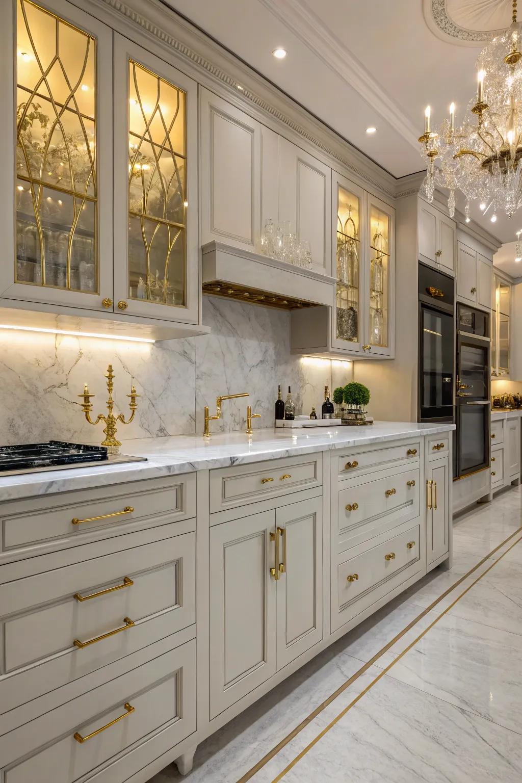 Gold pulls add a touch of luxury to shaker cabinets.