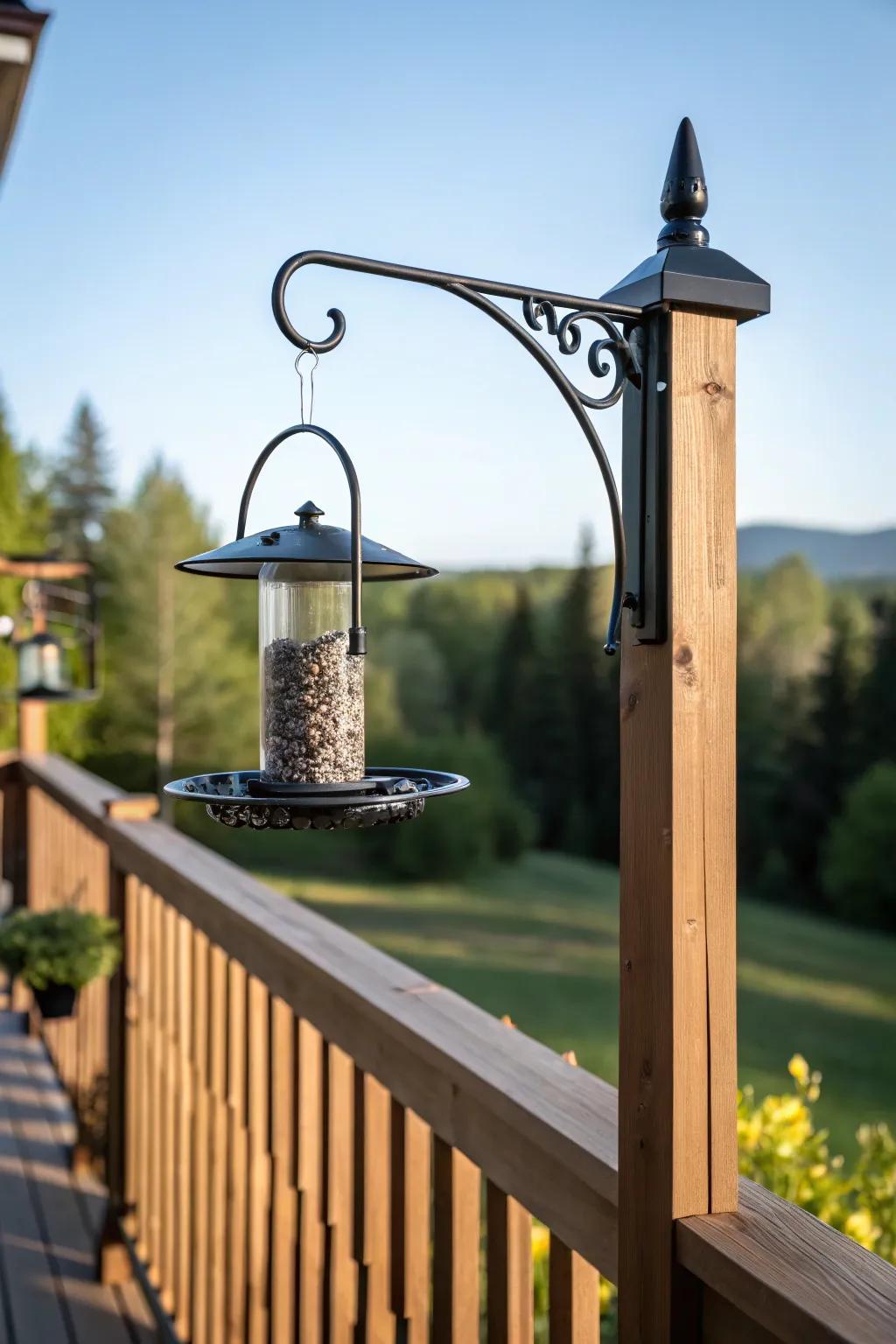 Start your day with nature's melody—watch birds visit your deck with a chic swing arm bracket.