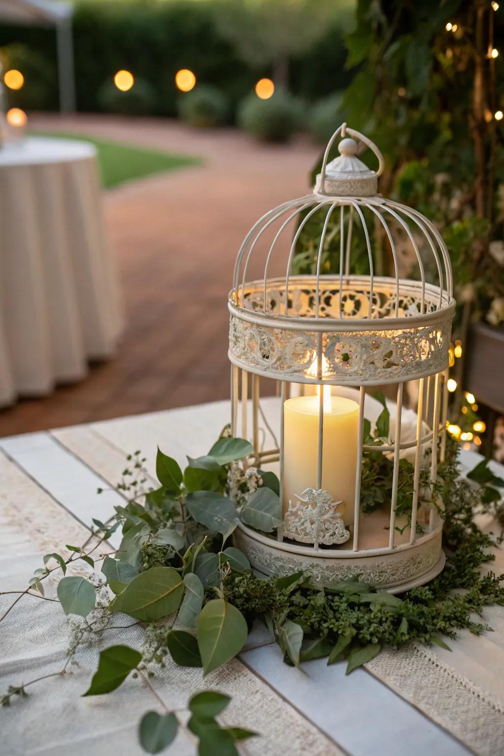 A birdcage with candlelight adds a romantic glow to evening gatherings.