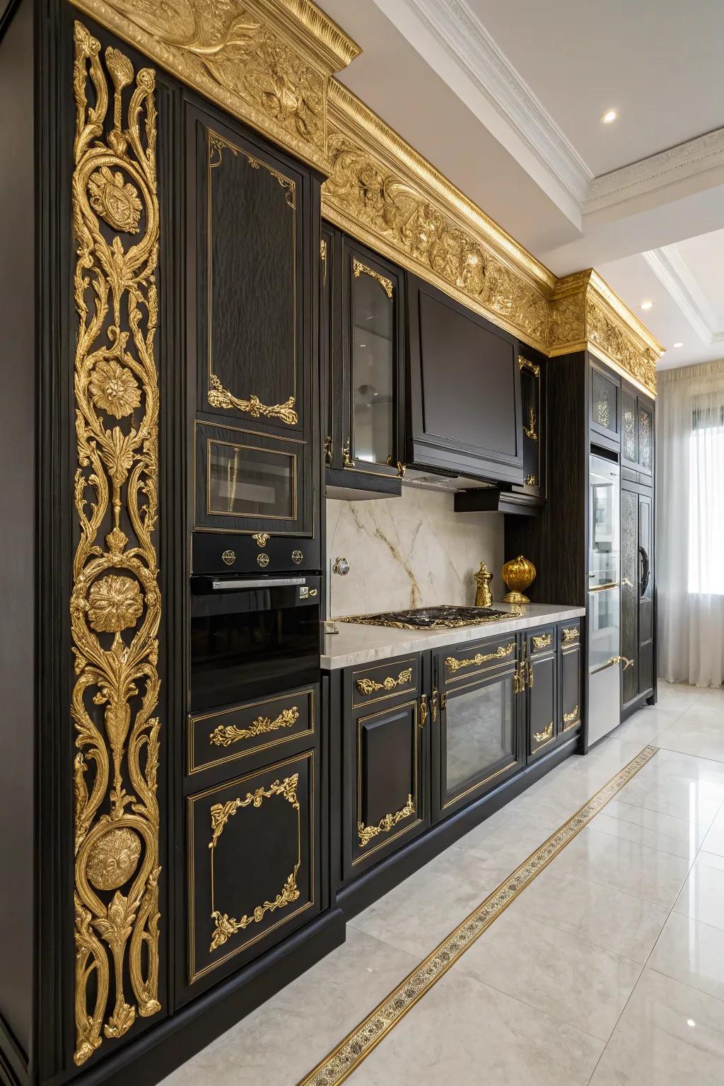 Gold leaf accents bring grandeur to this kitchen.